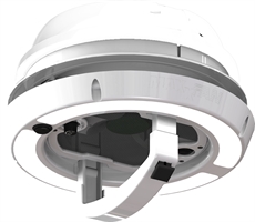 Vit rund ventilator med LED, monteringssystem och manuella reglage för tak/vägg.